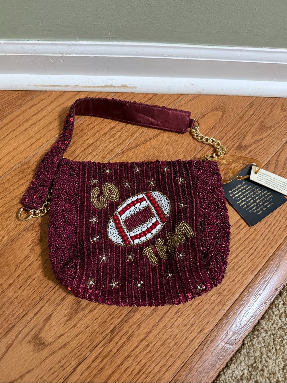 Beaded Maroon Shoulder Bag with Football Motif
